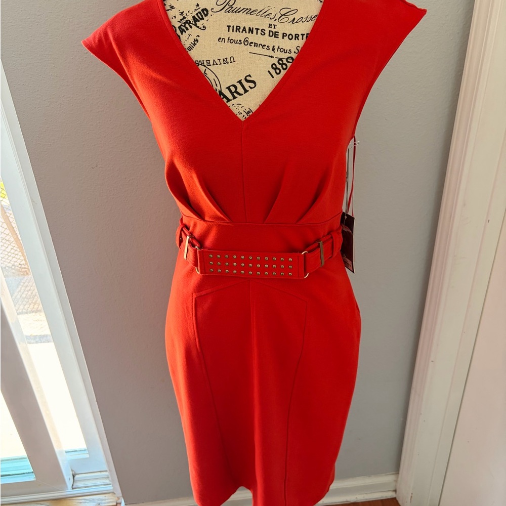 Jennifer Lopez Red Midi Dress with Studded Belt